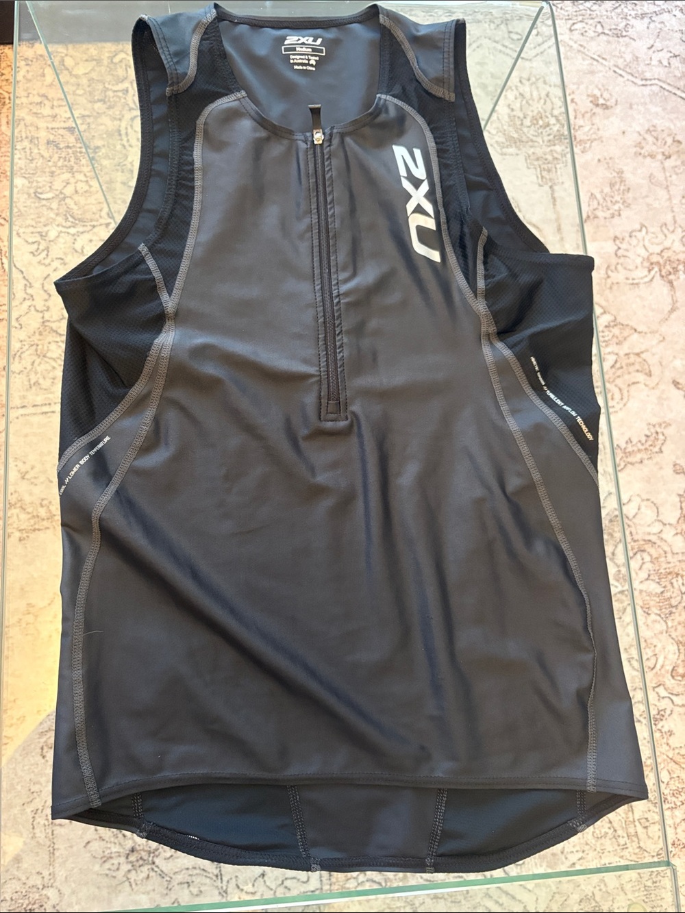 2XU Men’s Triathlon Compression Black Singlet with Gray Accents | Size M